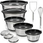 WHYSKO Stainless Steel Mixing Bowls with Lids Set - 5 Rustproof Metal Nesting Mixing Bowls for Kitchen, Meal Prep, Baking, Cooking, Storage - Includes 3 Grater Attachments, Dishwasher Safe