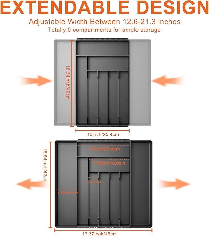 Silverware Organizer, Expandable Kitchen Drawer Organizer, Adjustable Cutlery Organizer, Forks, Knifes, Multipurpose Storage Divider(7-9 Slots), Large, Black