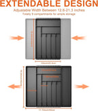 Silverware Organizer, Expandable Kitchen Drawer Organizer, Adjustable Cutlery Organizer, Forks, Knifes, Multipurpose Storage Divider(7-9 Slots), Large, Black