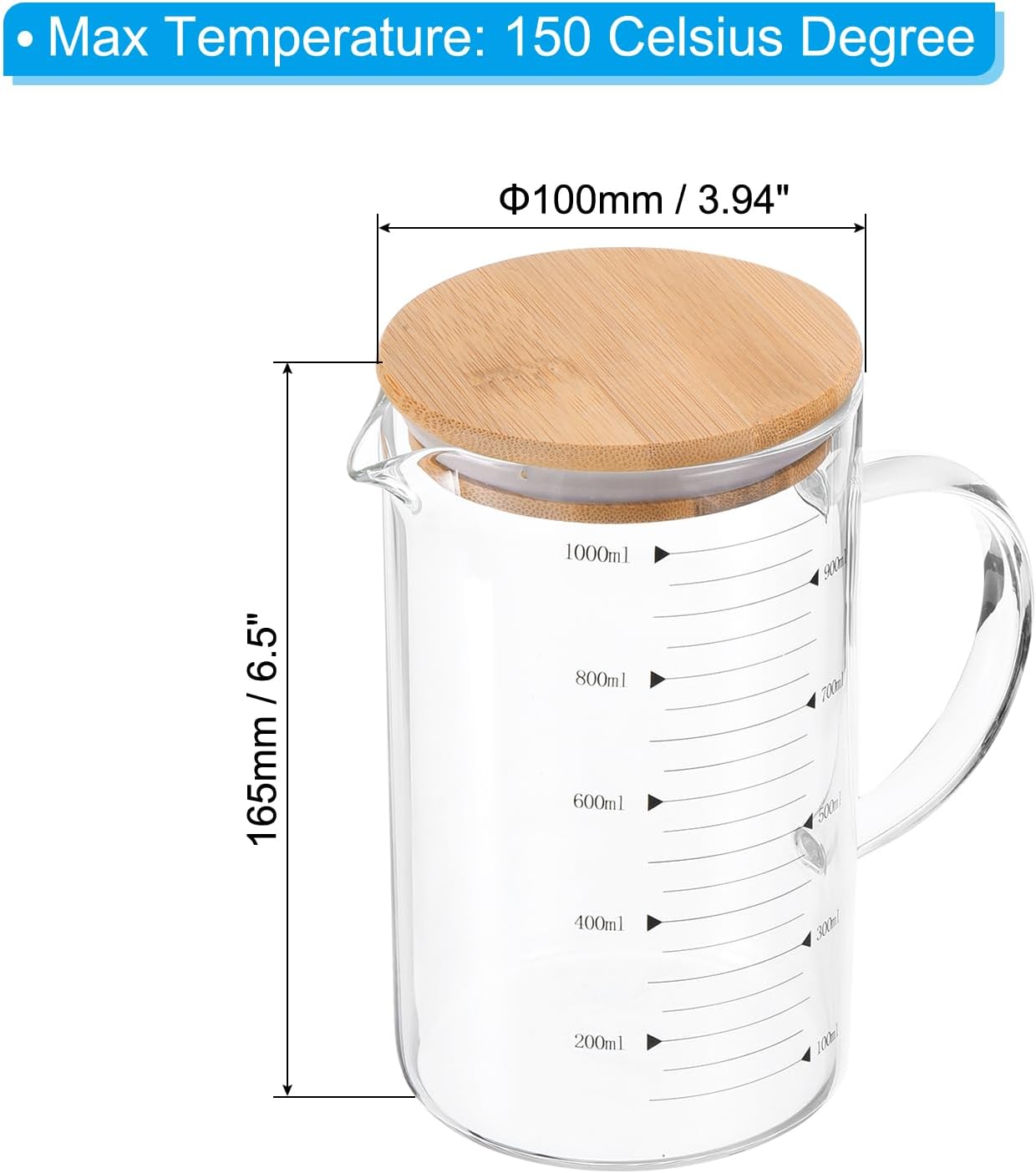 PATIKIL 1000ml Glass Measuring Cup, 3.3 Borosilicate Glass Graduated Black Printed Scale Liquid Measure Cups Beaker with Wood Lid and V-Shaped Spout for Kitchen
