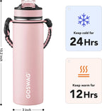 GOSWAG Insulated Sports Water Bottle, 24oz 2 Lids(with Straw/No Straw), Stainless Steel Water Bottles with Paracord Handle, Insulated Bottle with Double-Wall Vacuum Insulation