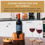 Kamsah Olive Wood Coasters Set of 6 & Holder - Handmade, Natural, Durable Wooden Coasters for Drinks - Round, Rustic, Farmhouse Coaster for Table, Bar, Desk, Coffee Table, Kitchen, & More