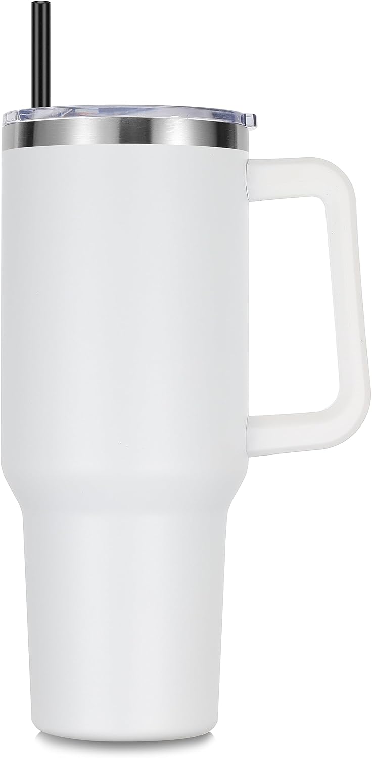 DOMICARE 40 oz Tumbler with Handle and Straw, Stainless Steel Tumbler with Lid and Straw, Reusable Vacuum Insulated Cup, Travel Coffee Mug, White, 1Pack