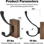 4 PCS Black Walnut Wood Wall Hooks Adhesive Mounted & Wall Mounted Rustic Decorative Entryway Hooks Mid Century Modern Natural Wooden Pegs for Hanging Coat Clothes Hat Bag Purse and Towel