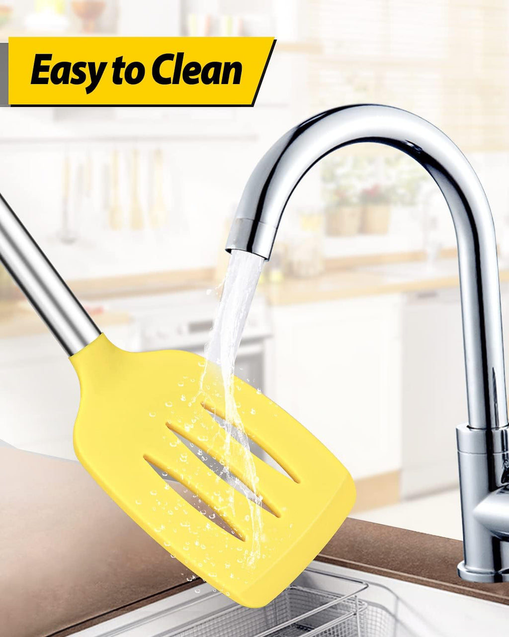 Pack of 2 Silicone Solid Turner, Non Stick Slotted Kitchen Spatulas, High Heat Resistant BPA Free Cooking Utensils, Ideal Cookware for Fish, Eggs, Pancakes(Yellow)