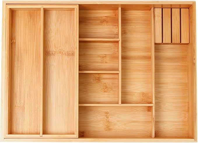 Double Layer Bamboo Kitchen Drawer Organizer Cutlery Utensil Silverware Drawer Organizer, Silverware Tray for Drawer Removable Utensil Holder Flatware Organizer Multi-use Storage Box (L)