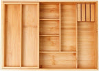 Double Layer Bamboo Kitchen Drawer Organizer Cutlery Utensil Silverware Drawer Organizer, Silverware Tray for Drawer Removable Utensil Holder Flatware Organizer Multi-use Storage Box (L)