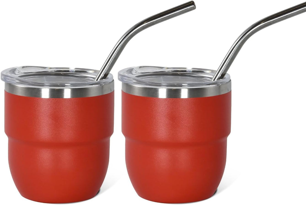 4oz Stackable Cup, Vacuum Insulated Espresso Cup Set of 2, Espresso Shot Glass for Coffee, Double Wall Stainless Steel Mini Tumbler Shot Glasses with Straw and Lid (A-red2P, 4oz)