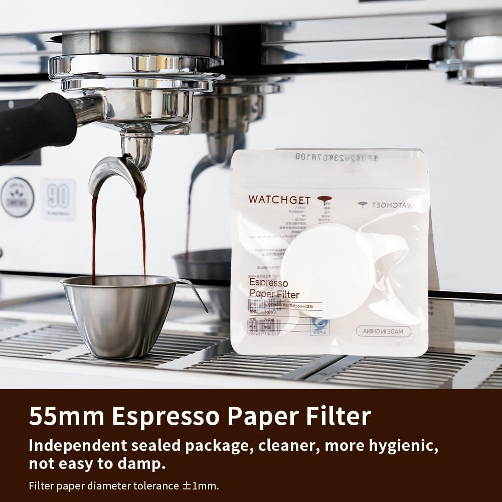 watchget 55mm Espresso Paper Filters - 100 Pcs Unbleached Coffee Filter Papers, Compatible with 58mm Bottom Portafilter Baskets and Espresso Machine Handles