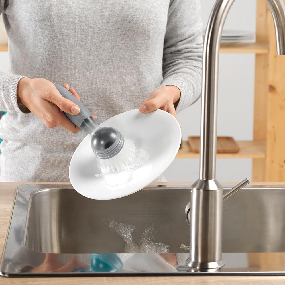 Vigar Rengo Soap Dispensing Dish Brush, Dish Brush with Soap Dispenser for Pot Scrubber, Dishes, Sink Cleaner, and Kitchen Essentials, Grey