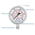 MEASUREMAN Pressure Gauge, 0-1000 PSI/kPa, Glycerin Filled, 1/4 NPT Lower Mount
