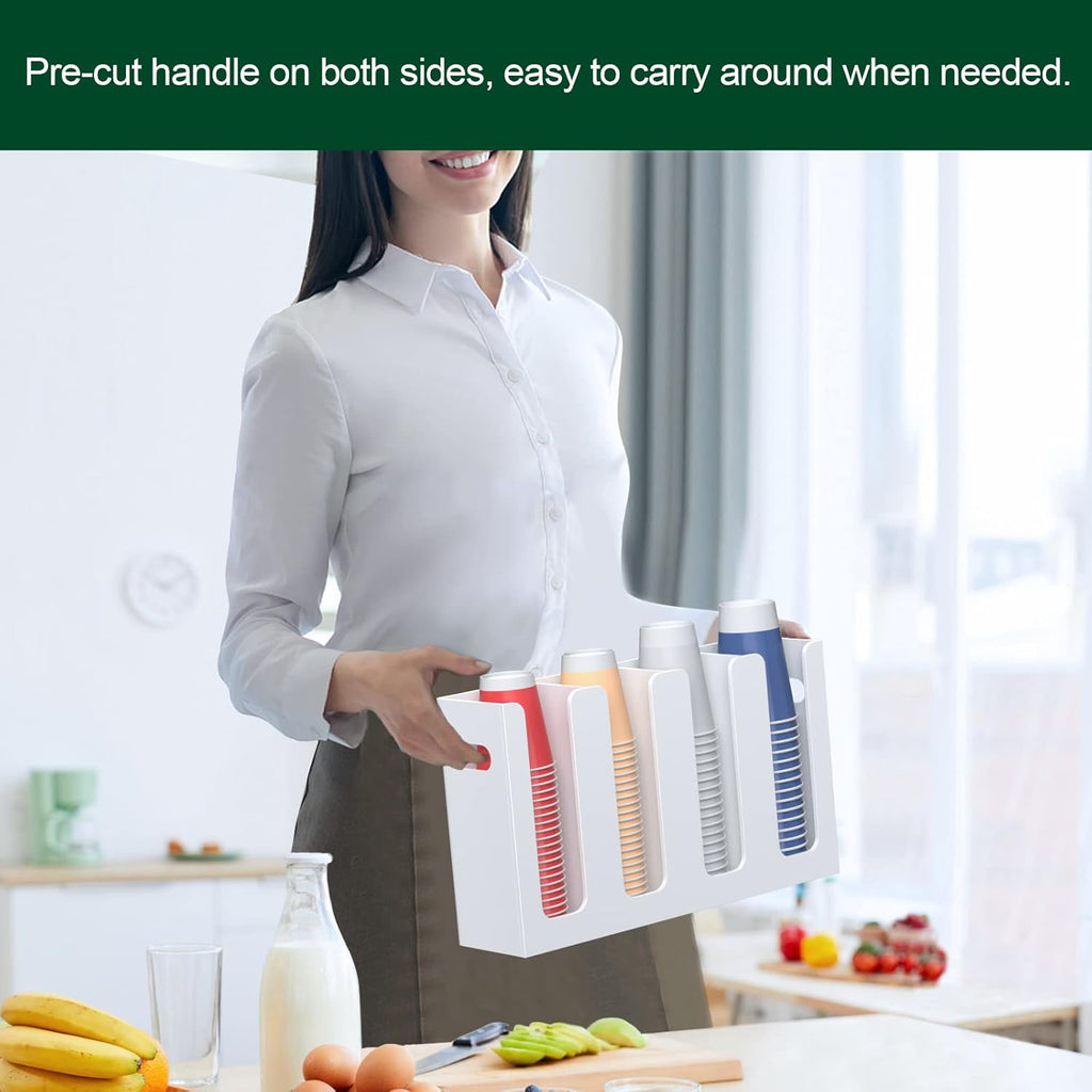 Disposable Coffee Cup Dispenser with Handles, Countertop or Wall Mount Hot/Cold Drink Cup and Lid Holder - Bathroom/Kitchen/Office Acrylic Cup Lid Storage Organizer (4 Compartments, White)