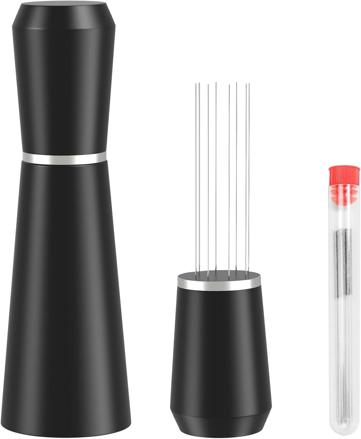 WDT Espresso Distribution Tool, 0.35mm 8 Needle Coffee Stirrer with 8 Extra Needles, 304 Stainless Steel, Aluminum Alloy Handle with Stand, Barista Espresso Whisk Tool (Metal Black)