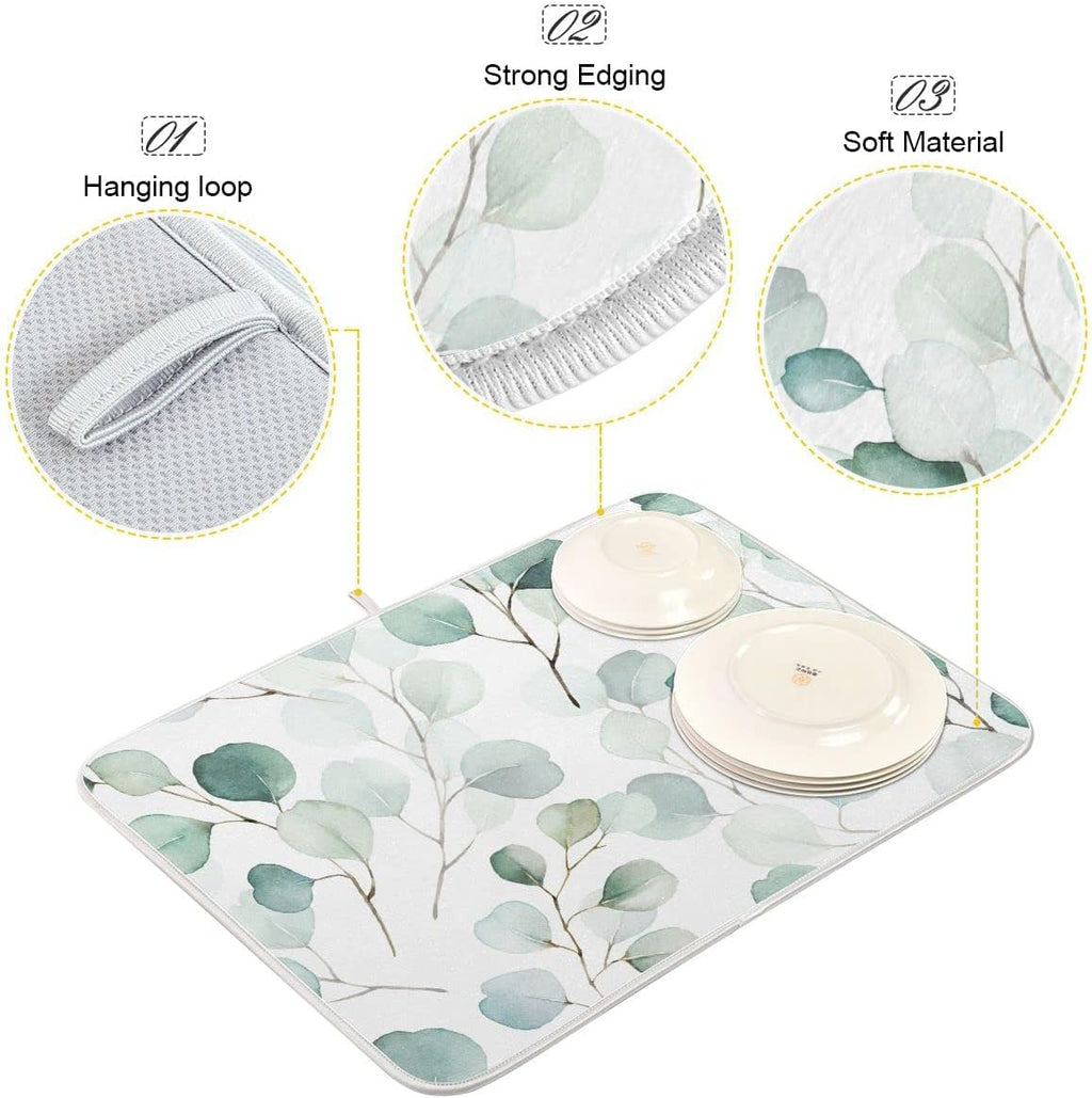Sage Green Leaves Dish Drying Mat for Kitchen Counter Watercolor Branch Plant Drying Mat 18 x 24 Inch with High Absorbent Reversible Microfiber Dish Drying Pad Drainer Mat for Coffee Bar