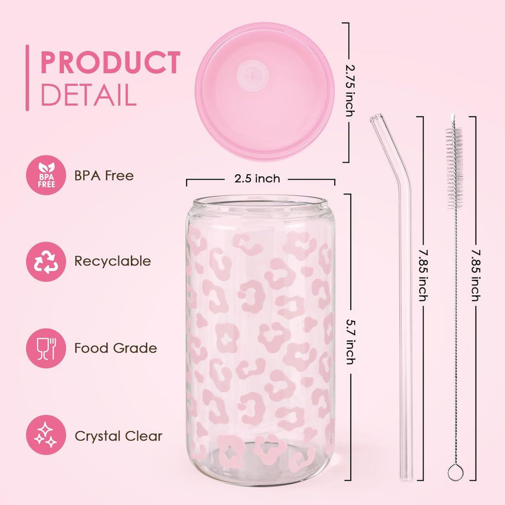 SANDJEST Leopard Glass Bottle, Pink Leopard Print Glass Cup with Lid & Straw, Iced Coffee Aesthetic Glass Can, Gifts for Women, Christmas Birthday Mother's Day