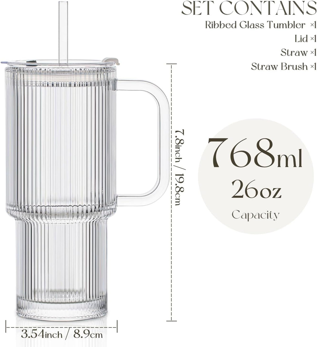 Large 26oz Clear Glass Mug with Handle and Sliding Lid – Aesthetic Ribbed Tumbler for Iced Coffee, Tea, Smoothies & Hot Drinks – Reusable Travel Cup with Straw, Dishwasher Safe (Ribbed Tumbler)