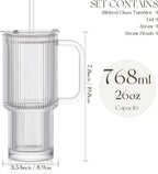 Large 26oz Clear Glass Mug with Handle and Sliding Lid – Aesthetic Ribbed Tumbler for Iced Coffee, Tea, Smoothies & Hot Drinks – Reusable Travel Cup with Straw, Dishwasher Safe (Ribbed Tumbler)