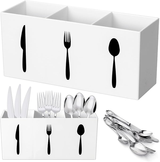 Suzile Acrylic Cutlery Storage Organizer Bin Silverware Caddy Countertop Knife Spoon and Fork Holder Kitchen 3 Section Tableware Storage Box for Cabinet Indoor Home Flatware Dining Room (White,M)