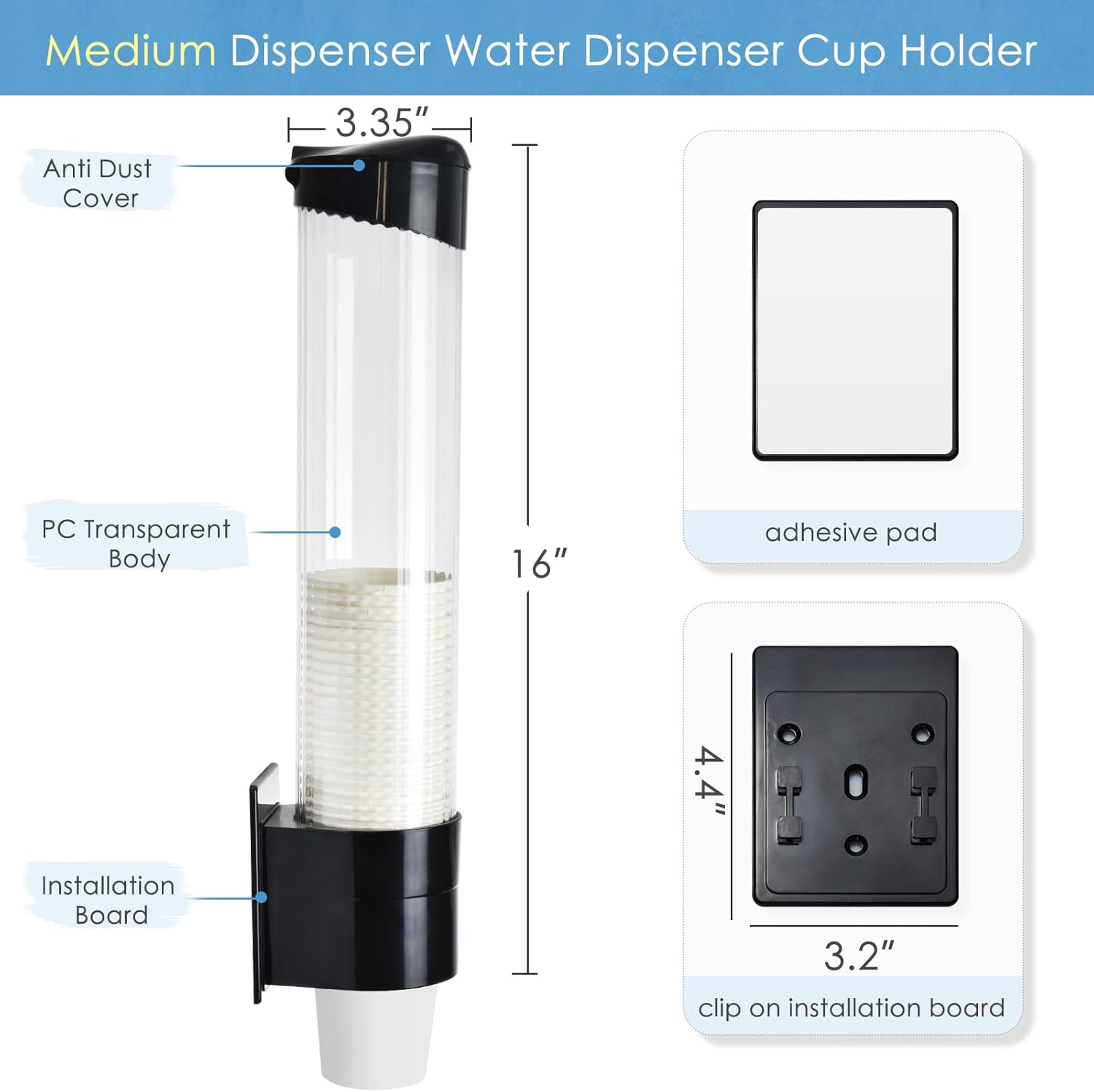 Medium Pull Type Cup Dispenser, Paste or Screw Plate Mountable Cups Holder, Fits 5oz - 7oz Cone or Flat Bottom Cups, 16” Tube Length, Mounting Water Dispenser Cooler or Wall (Medium, Black)