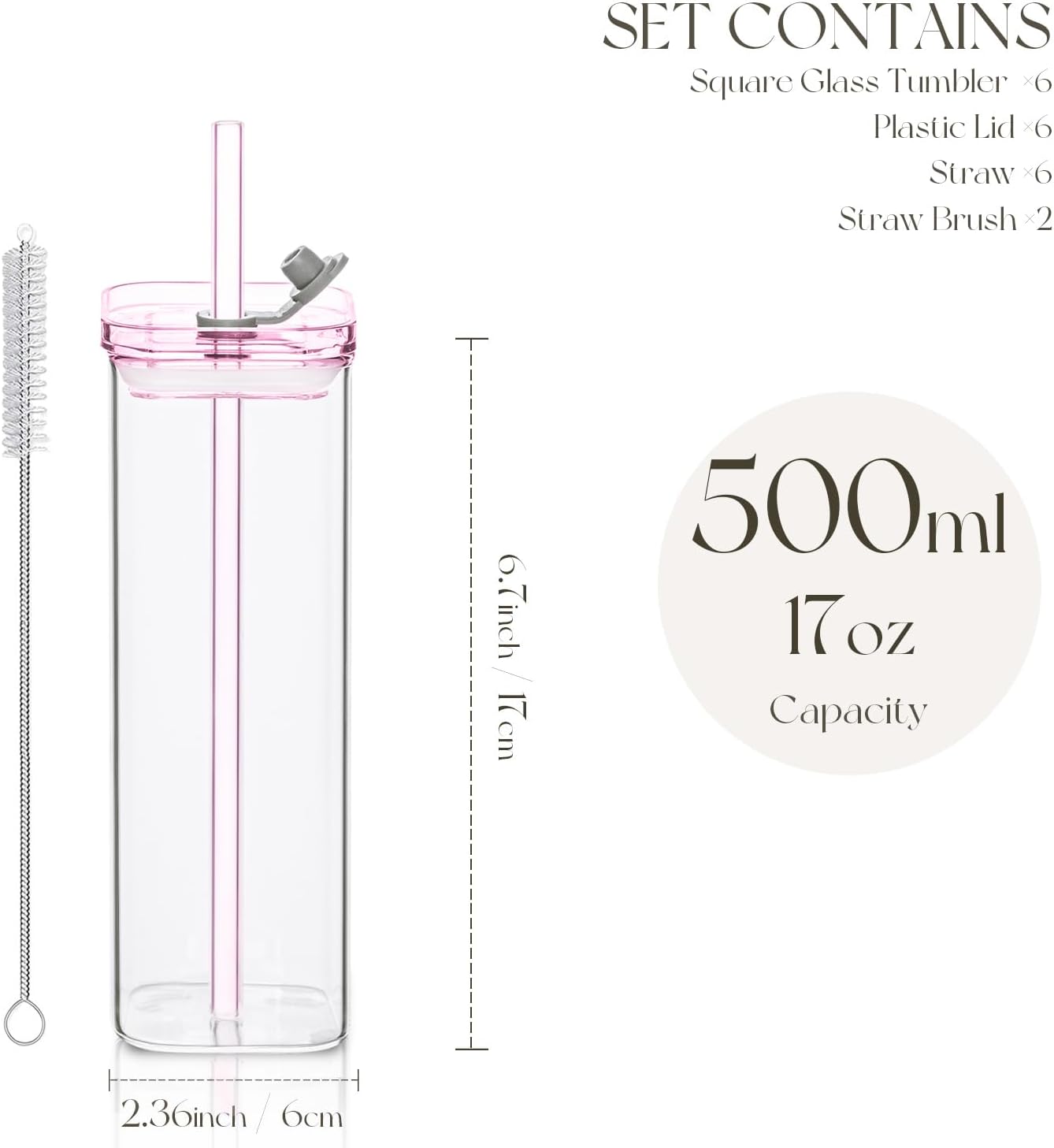 6PCS Pink Square Drinking Glass Cups, 17 Oz Modern Glassware with Lids & Straws - Old Fashioned Cocktail Glasses for Juice, Iced Coffee, Bubble Tea, Party Drinkware