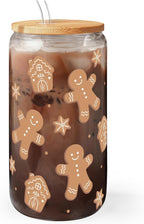 Gingerbread Christmas 16oz Can Glass Tumbler with Bamboo Lid & Straw - Iced Coffee Cup for Women Girls, Aesthetic Cups Gifts for Xmas