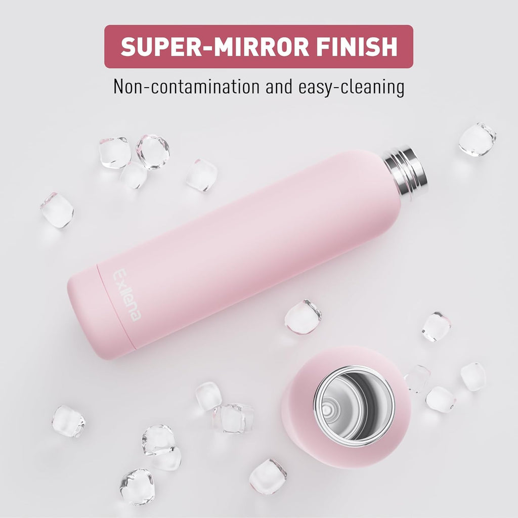 Slim Insulated Water Bottles for Travel 25oz with Clip, Double Wall Vacuum Stainless Steel Water Bottle Keeps Drinks Cold 24 Hrs/Hot 12 Hrs, 100% Leakproof, BPA Free(Pink)