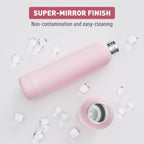 Slim Insulated Water Bottles for Travel 25oz with Clip, Double Wall Vacuum Stainless Steel Water Bottle Keeps Drinks Cold 24 Hrs/Hot 12 Hrs, 100% Leakproof, BPA Free(Pink)
