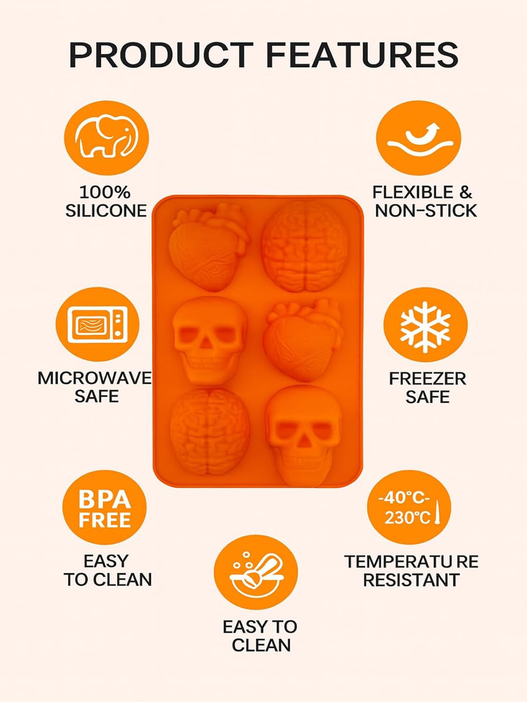 Halloween Silicone Molds & Gothic Chocolate Molds - 3D Skull, Heart, and Brain Halloween Baking Mold for DIY Cake, Chocolate, Jello, Ice Cube, Soap, Resin, and Candle Halloween Decorations