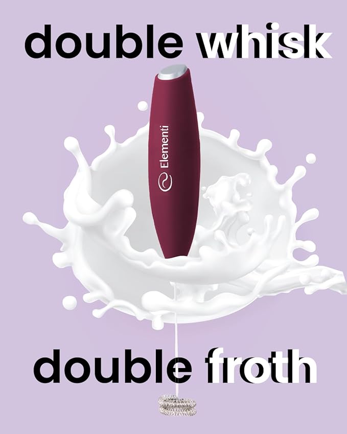 Elementi Milk Frother Wand - Easy to Use Handheld Electric Stirrer for Powder Drinks, Durable & Powerful Coffee Whisk & Protein Powder Mixer Wand, Hand Frother, Coffee Stirrers Electric (Burgundy)