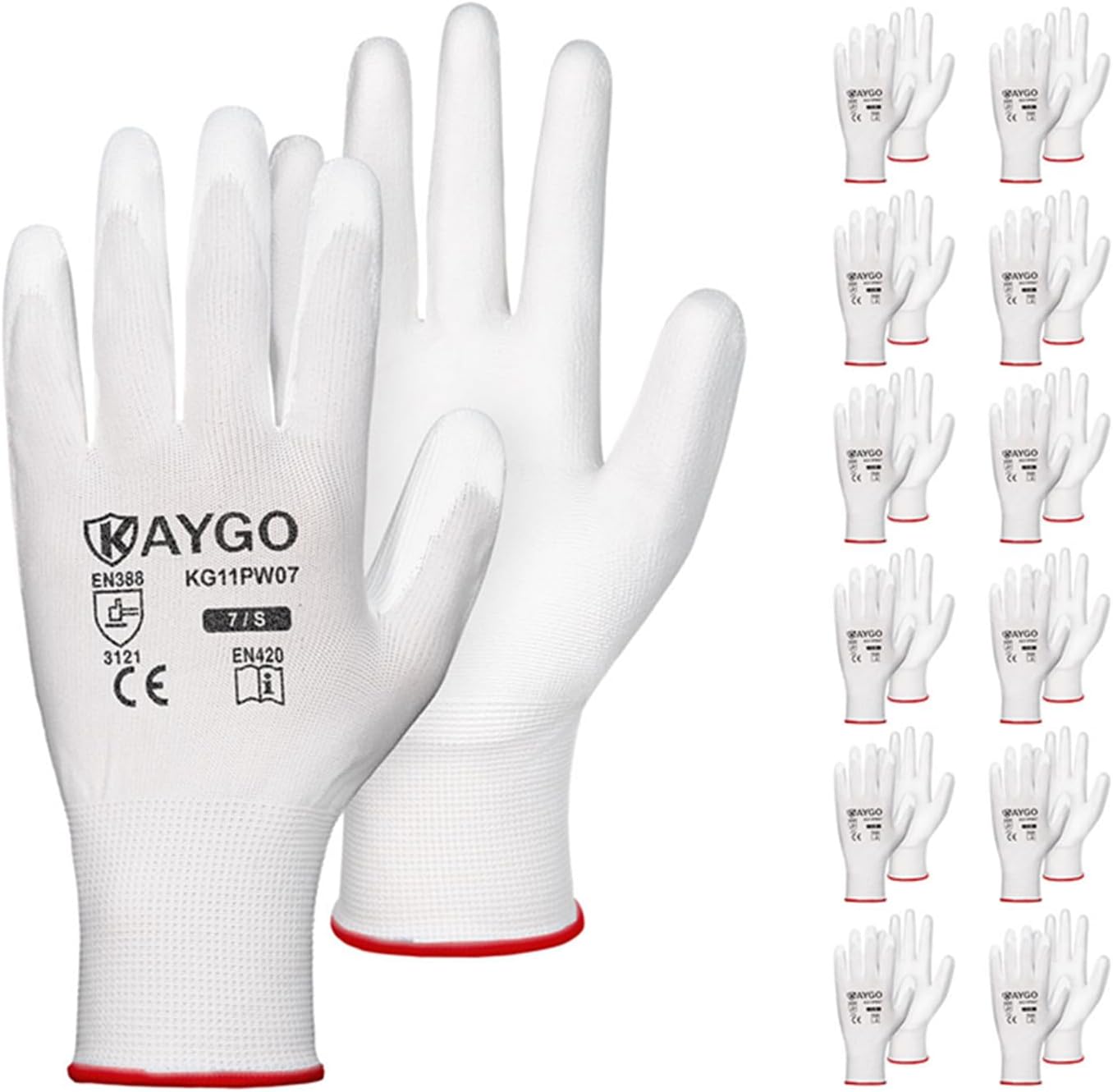 KAYGO Safety Work Gloves PU Coated-12 Pairs, KG11PB, Seamless Knit Glove with Polyurethane Coated Smooth Grip on Palm & Fingers, for Men and Women, Ideal for General Duty Work (Small, White)