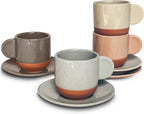Mora Ceramic Mini Espresso Cups Set of 4, 3oz - Tiny Italian Inspired Mugs With Saucers For Small Shots of Coffee - Modern Boho Style For Any Kitchen or Cafe. Microwave Safe Porcelain - Asstd Neutrals