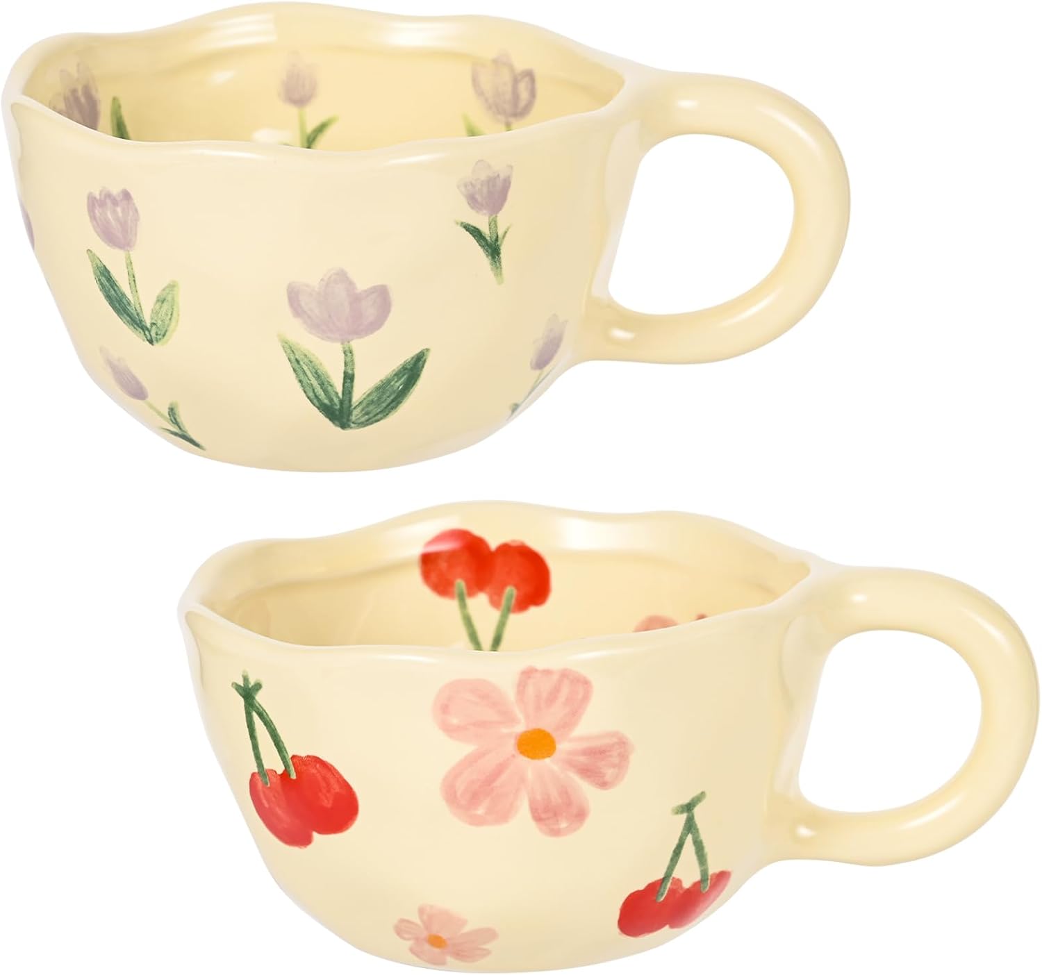 Ceramic Coffee Mug Vintage Flower Mugs 8 oz Cute Floral Coffee Mugs Irregular Latte Art Cup Lead-free Porcelain Cups for Cappuccino, Cocoa (Pink Cherry, Purple Tulips)