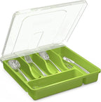 Silverware Organizer with Cover, Portable Cutlery Holder Flatware Tray with Lid Plastic Silverware Storage Box (Green)
