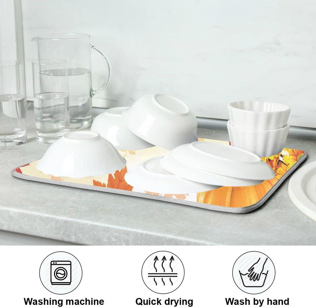 Autumn Fall Dish Drying Mat for Kitchen Counter Pumpkin Maple Leaves Drying Mat 18 x 24 Inch with Absorbent Reversible Microfiber Dish Drying Pad Dish Rack Drainer Mats for Coffee Bar