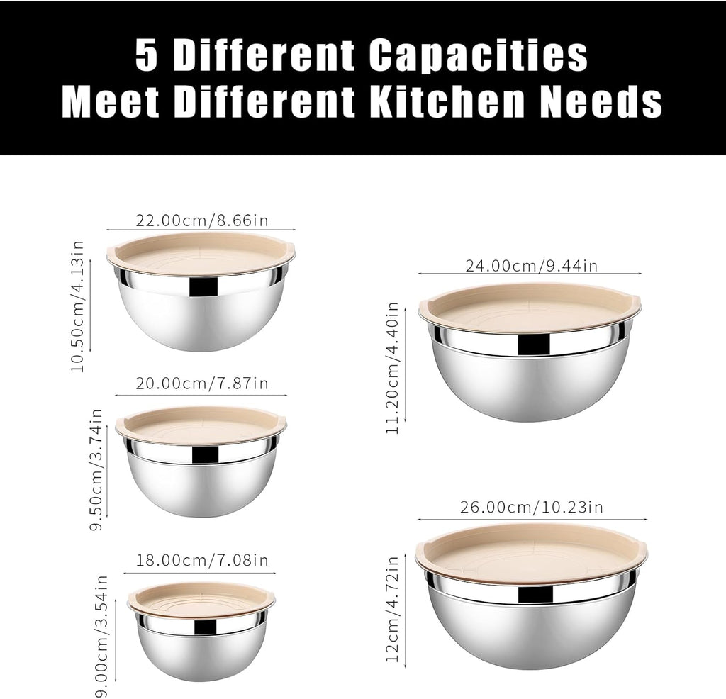 Lazycorner Mixing Bowls with Airtight Lids Set 5 Pcs Stainless Steel Bowls Set Baking Set Non-Slip Silicone Bottoms Great for Serving & Baking