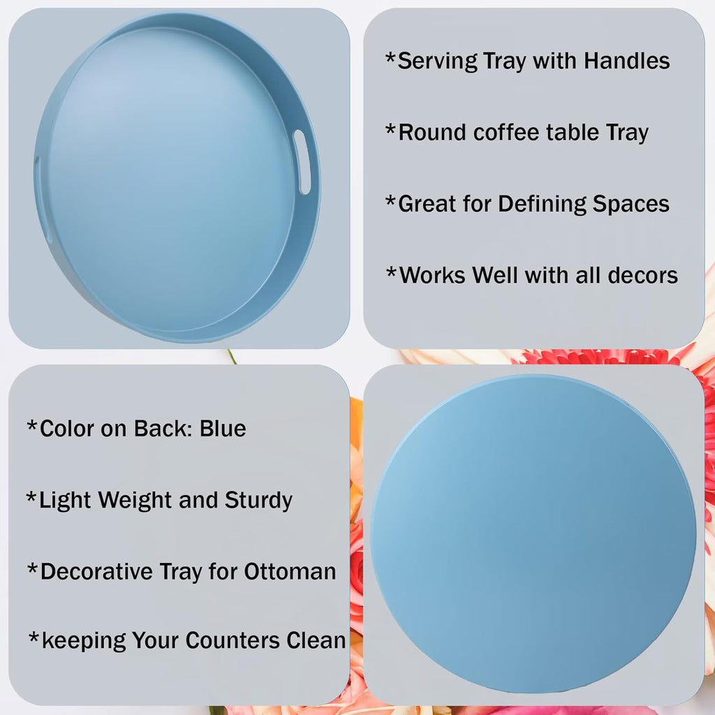 Round Blue Decorative Serving Tray with Handles, 13” Versatile Ottoman Tray for Coffee Table, Entertaining, Outdoor Patio, Living Room