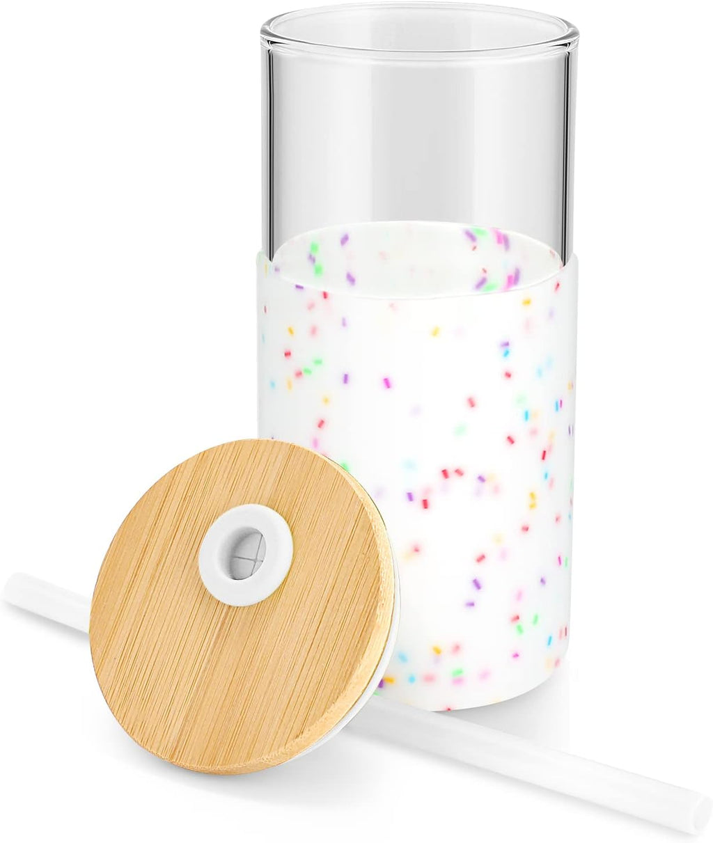 Tronco 16 oz Glass Tumbler with Straw and Bamboo Lid, Iced Coffee Cup Reusable, Smoothie Cups, Tumbler with Silicone Protective Sleeve - BPA Free