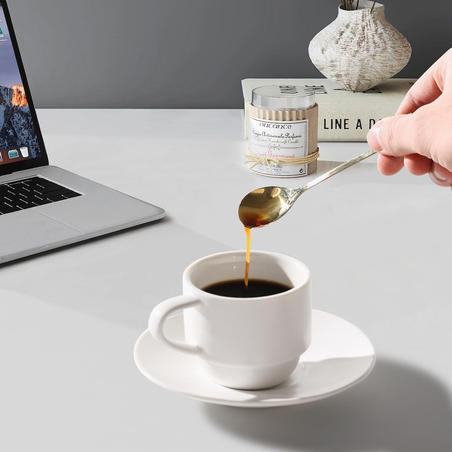 Lareina Porcelain Stackable Espresso Cups with Saucers, Spoons and Metal Stand, 3 Ounce Small Coffee Cups Set of 6 - Ceramic Demitasse Mugs, White