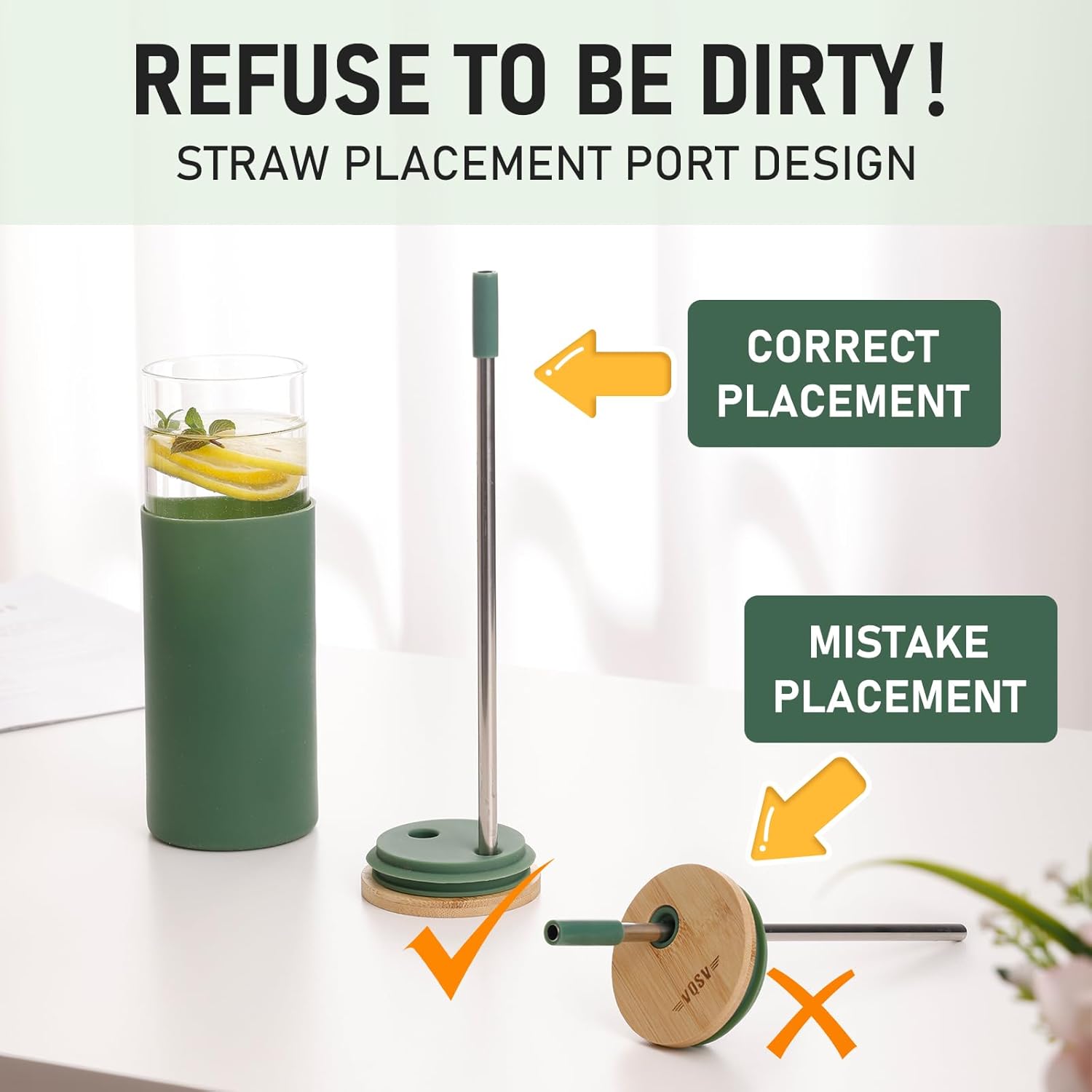 Glass Tumbler w/Lids & Straw - 24oz Reusable Glass Mug/Bamboo Lid & Stainless Steel Straw-BPA Free, Leak-Proof, Dishwash Safe for Coffee, Smoothies, Hot Beverages, Travel, Office, Home Use，2-PK