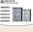 Boho Decorative Tray, Modern Blue Serving Tray with Handles, Ottoman Trays Set of 2, Plastic Coffee Table Tray for Living Room, Bathroom, Kitchen, Decor, Large 15.7”*11.8”, Small 13.7"*9.8"