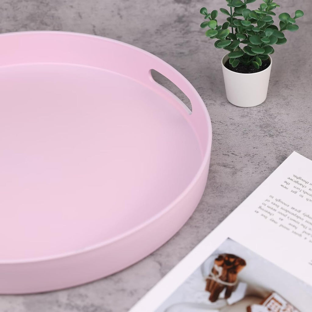 Round Pink Decorative Serving Tray with Handles, 13” Versatile Ottoman Tray for Coffee Table, Entertaining, Outdoor Patio, Living Room
