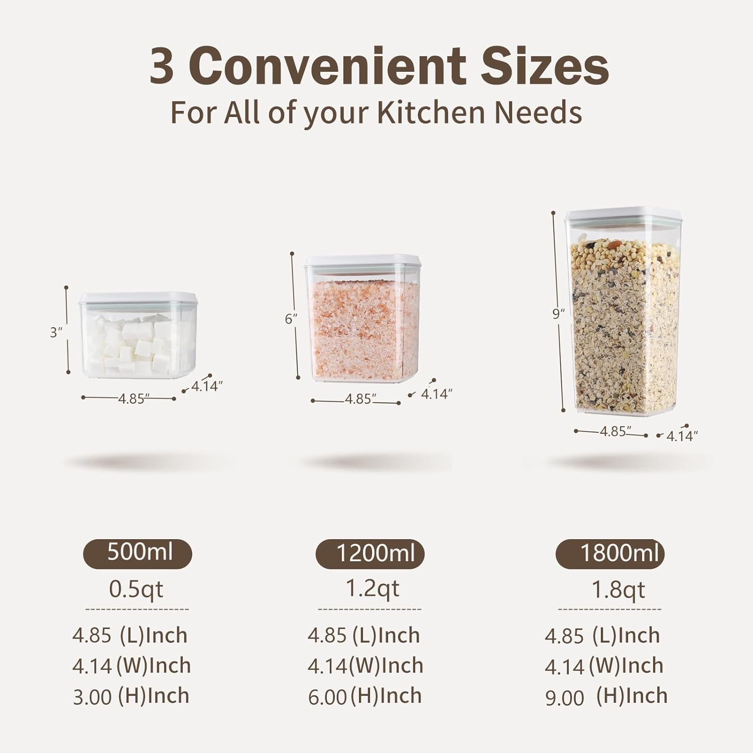 Pop Airtight Food Storage Containers Set with Lids, 6 Pcs Stackable One Button Opening Food Containers Kitchen Pantry Organization and Storage, BPA Free Stackable Cereal Container (0.5, 1.2, 1.8qt)*2