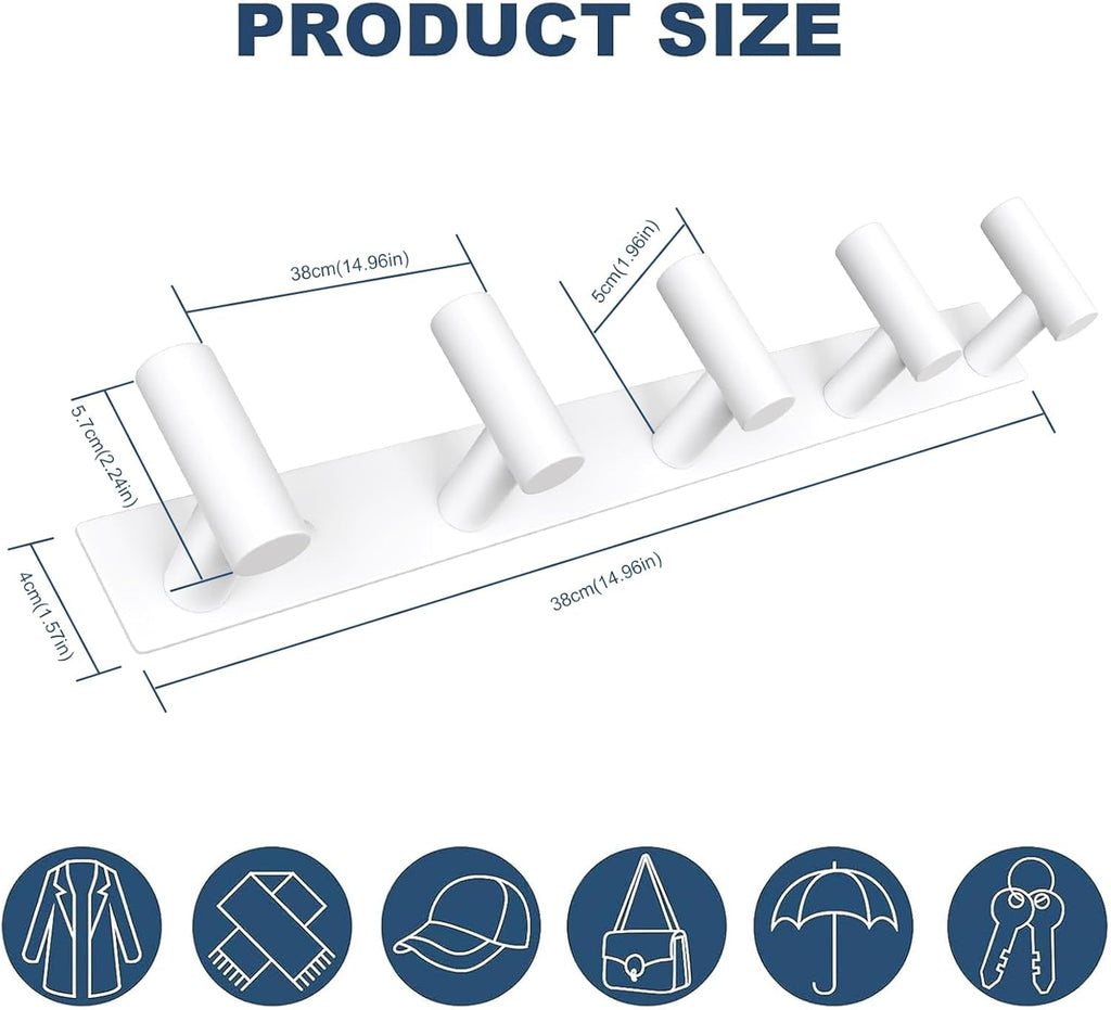 VAEHOLD Hat and Coat Wall Mount Rack - Hooks for Robes, Bags, Keys, and Towels - Bathroom Towel Hanger Organizer (White, “T“ Shape 5 Hooks 2 Pack)