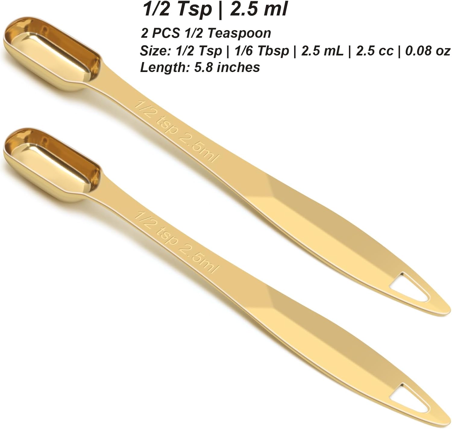 2 Pcs 1/2 Teaspoon(2.5 mL | 1/2 Tsp | 1/6 Tbsp | 2.5 cc | 1/16 oz) Stainless Steel Single Measuring Spoon, Long Handle Metal Measuring Spoon, Kitchen Gadgets for Cooking & Baking(Gold)