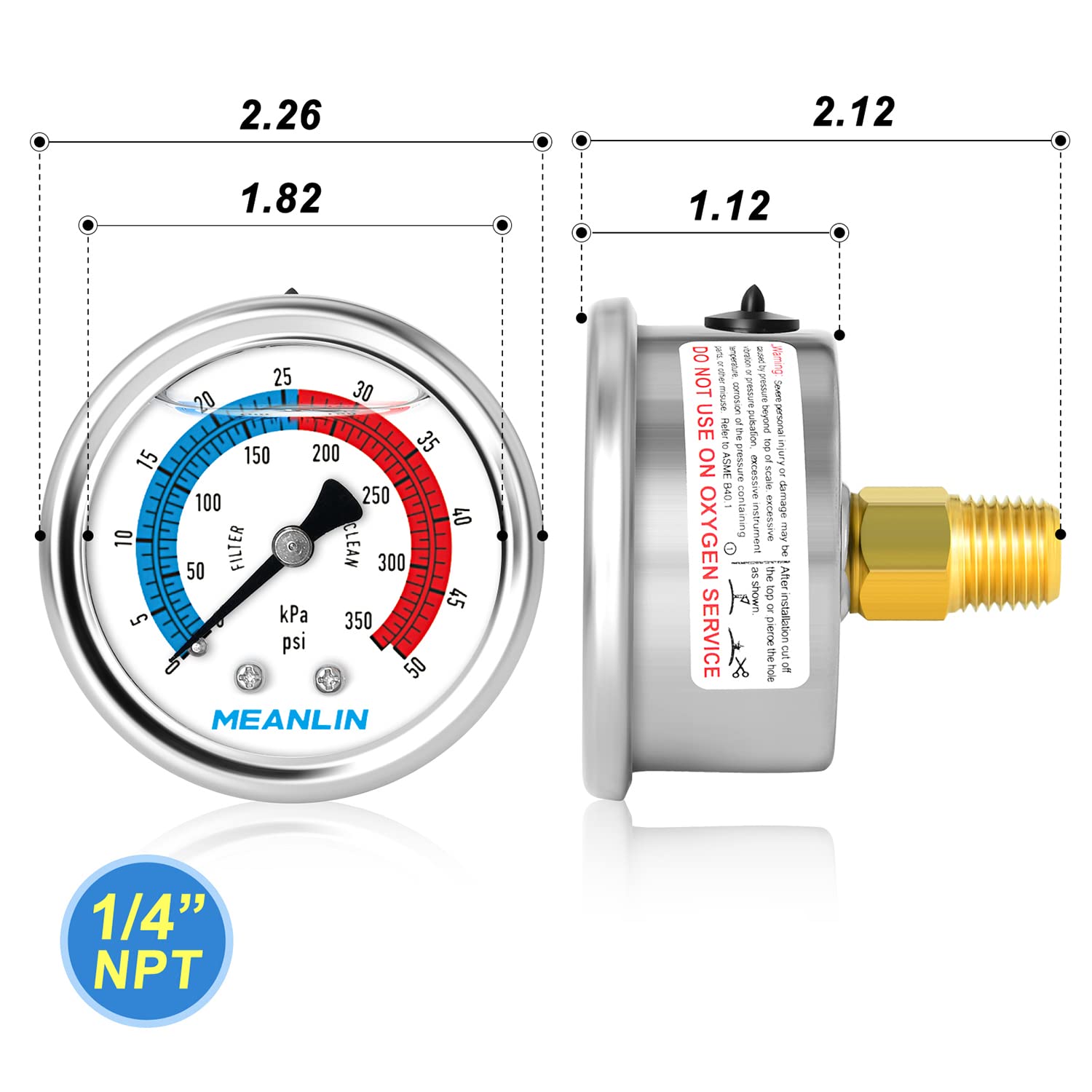 MEANLIN MEASURE 1/4" NPT 0-50psi Pressure Gauge, 2" Dial Glycerine Filled Pool Filter, 304 Stainless Steel Housing, Back Mount, with 1/2" NPT and 3/8" NPT Hex Bushing