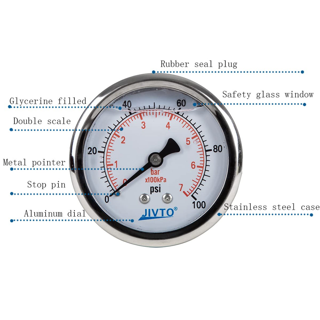 Pressure Gauge,Liquid Filled,2.5" Dia,0-100 psi/bar/kpa,1/4" NPT Back Mount, Polycarbonate Lens Window, Stainless Steel case