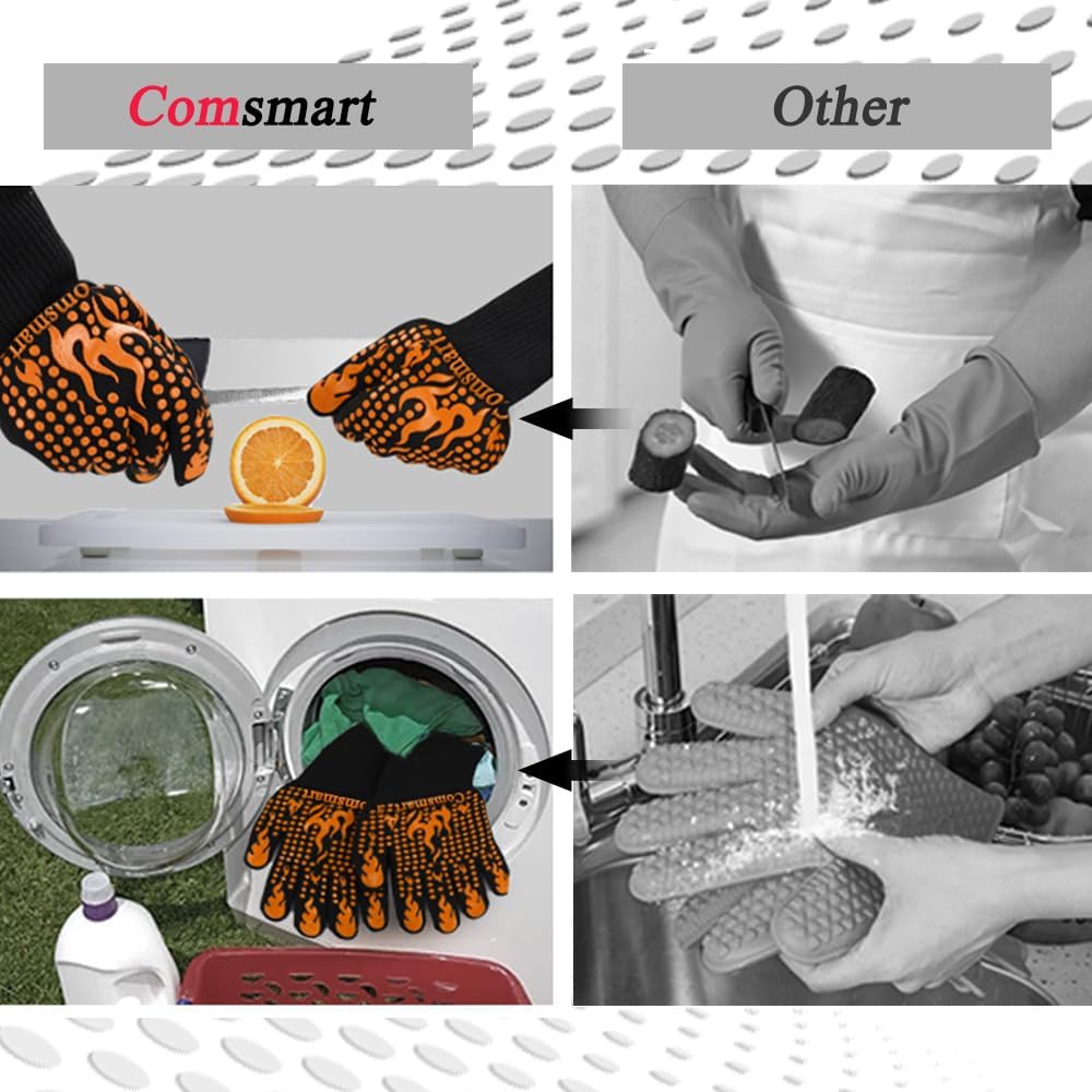 Comsmart BBQ Gloves, 1472°F Heat Resistant Grilling Gloves Silicone Non-Slip Oven Gloves Long Kitchen Gloves for Barbecue, Cooking, Baking, Short, Orange