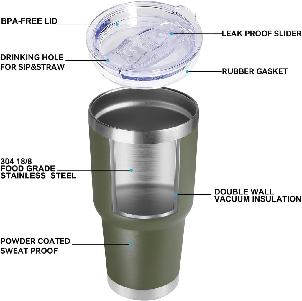 DOMICARE 30oz Tumbler Bulk with Lid and Straw, Double Wall Travel Coffee Mug, Insulated Vacuum Stainless Steel Tumblers, Powder Coated Tumbler Cup (Army Green, 8)