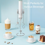 Milk Frother Handheld with 3 Stainless Steel Whisks, Rechargeable Electric Drink Mixer with Stand & Travel Case, Milk Foamer for Coffee, Latte, Cappuccino, Hot Chocolate, Egg,Jam Supplement-White