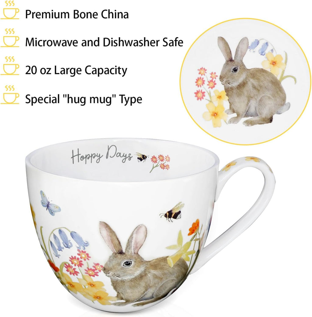 20 oz Rabbit Coffee Hug Mug, Spring Flowers & "Happy Days" Slogan, Premium Bone China Cute Bunny Mug, Perfect Holiday and Birthday Gift for Women, Designed in England by Harvest Green Studio